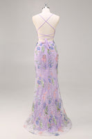 Load image into Gallery viewer, Sparkly Lilac Beaded Floral Mermaid Long Prom Dress with Sequins