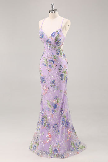 Sparkly Blue Floral Beaded Mermaid Long Prom Dress with Sequins
