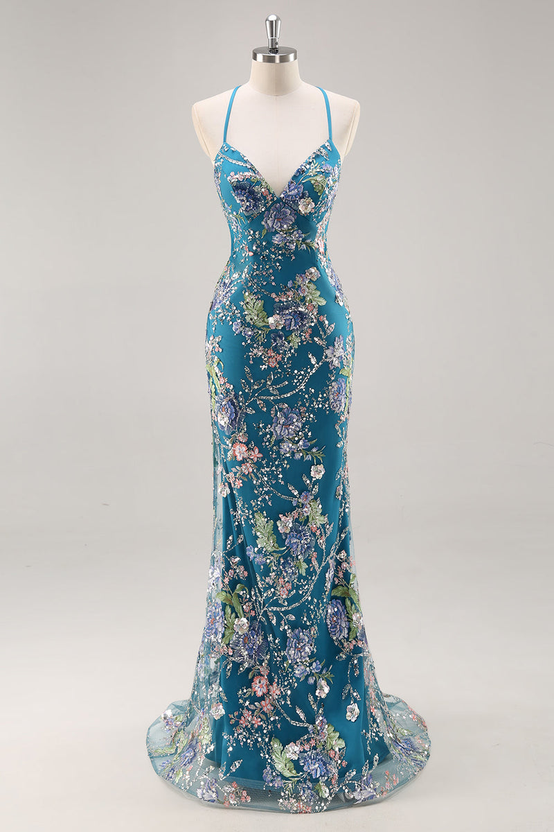 Load image into Gallery viewer, Sparkly Blue Floral Beaded Mermaid Long Prom Dress with Sequins