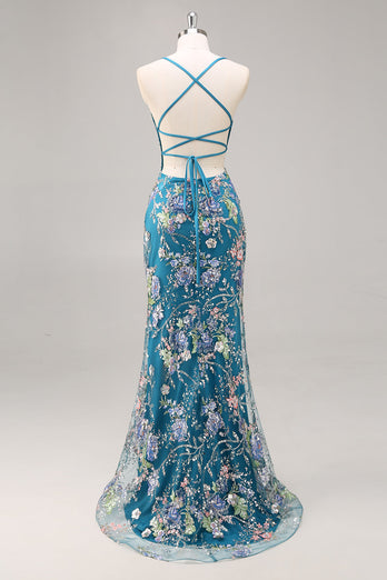 Sparkly Blue Floral Beaded Mermaid Long Prom Dress with Sequins