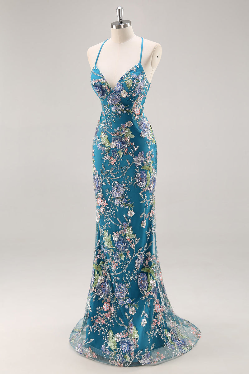 Load image into Gallery viewer, Sparkly Blue Floral Beaded Mermaid Long Prom Dress with Sequins