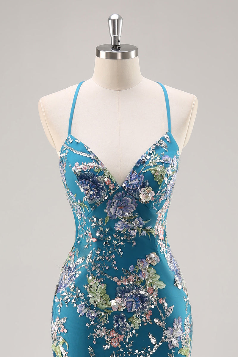 Load image into Gallery viewer, Sparkly Blue Floral Beaded Mermaid Long Prom Dress with Sequins