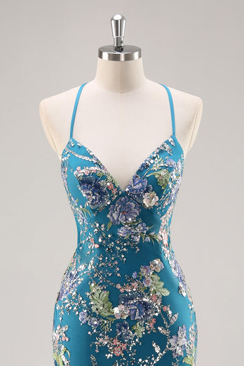 Sparkly Peacock Beaded Mermaid Floral Long Prom Dress with Sequins