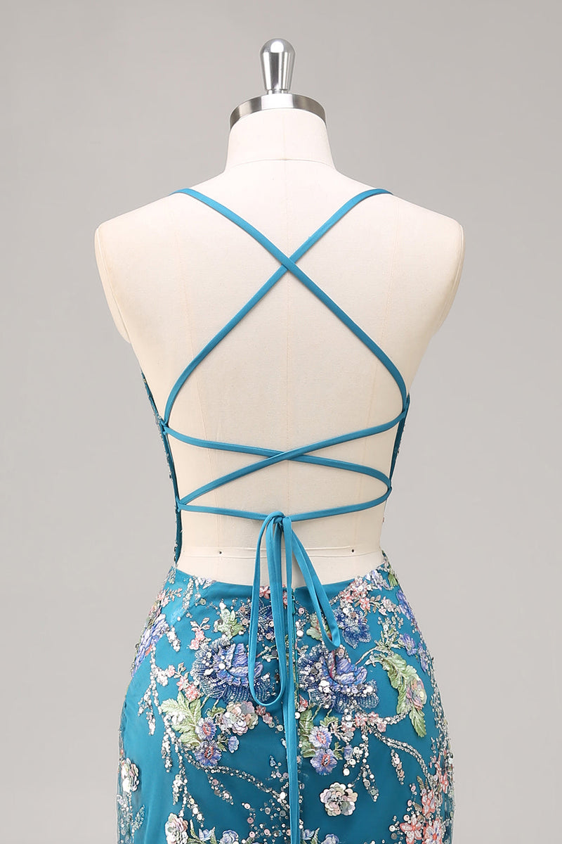 Load image into Gallery viewer, Sparkly Blue Floral Beaded Mermaid Long Prom Dress with Sequins