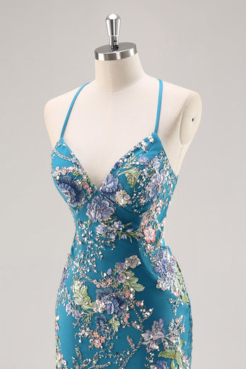 Sparkly Blue Floral Beaded Mermaid Long Prom Dress with Sequins