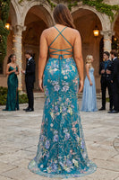 Load image into Gallery viewer, Sparkly Plus Size Pink V-Neck Floral Embroidered Mermaid Long Prom Dress