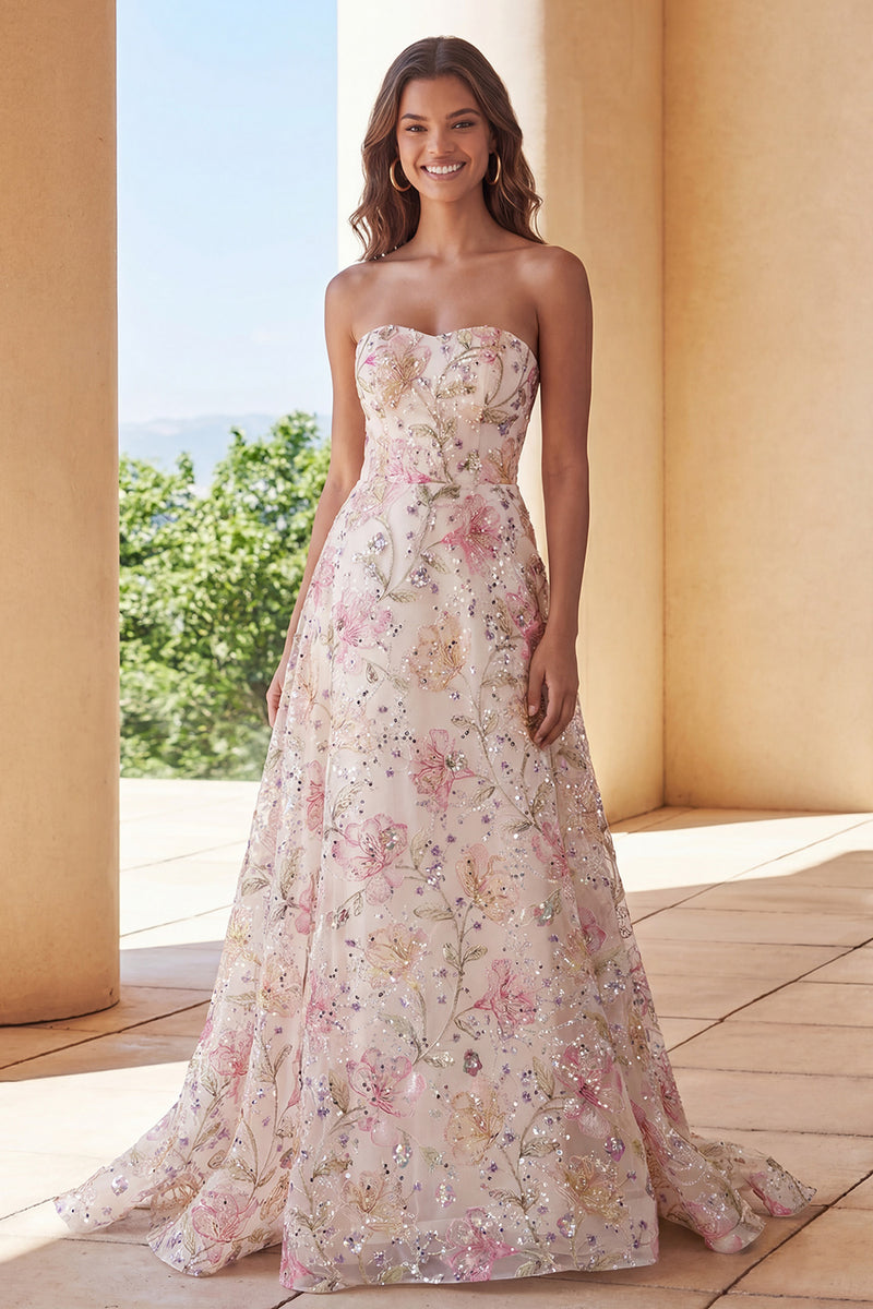 Load image into Gallery viewer, Sparkly Plus Size Floral Pink Strapless Embroidered A Line Long Prom Dress