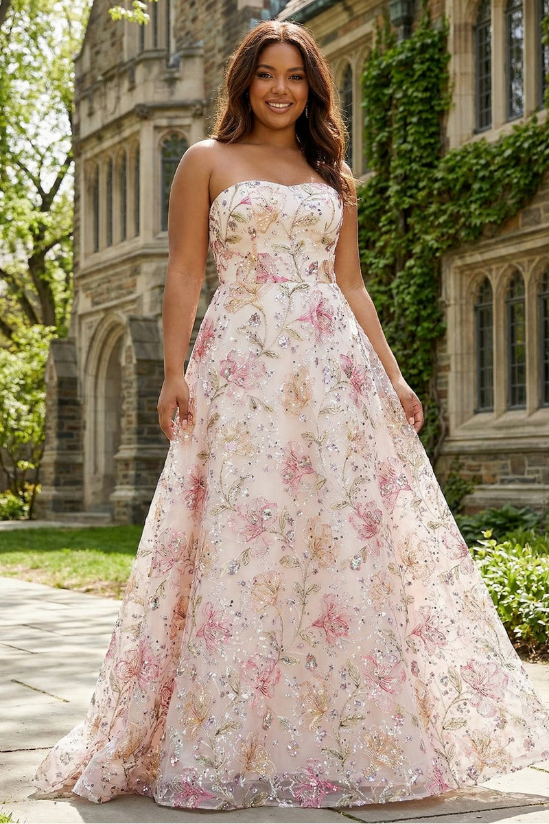 Load image into Gallery viewer, Sparkly Plus Size Floral Pink Strapless Embroidered A Line Long Prom Dress