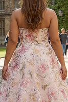Load image into Gallery viewer, Sparkly Plus Size Floral Pink Strapless Embroidered A Line Long Prom Dress
