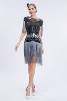 Load image into Gallery viewer, Grey Sequined Short 1920s Flapper Dress with Fringes