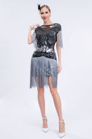 Load image into Gallery viewer, Grey Sequined Short 1920s Flapper Dress with Fringes