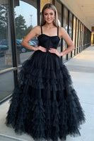 Load image into Gallery viewer, Sparkly Pink A-Line Spaghetti Straps Corset Tiered Tulle Long Prom Dress