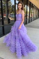 Load image into Gallery viewer, Sparkly Pink A-Line Spaghetti Straps Corset Tiered Tulle Long Prom Dress