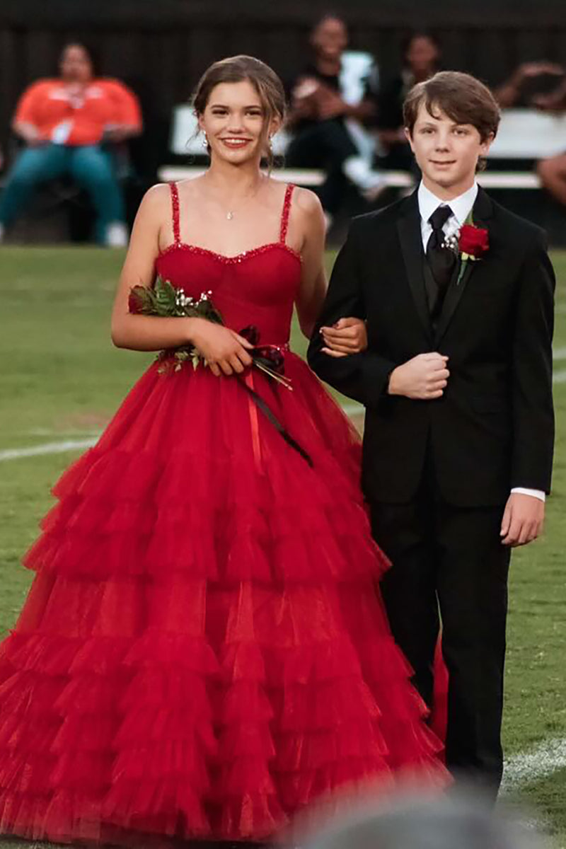 Load image into Gallery viewer, Sparkly Pink A-Line Spaghetti Straps Corset Tiered Tulle Long Prom Dress