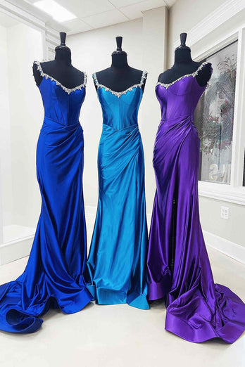 Sparkly Silver Mermaid Off the Shoulder Beaded Satin Corset Long Prom Dress with Slit