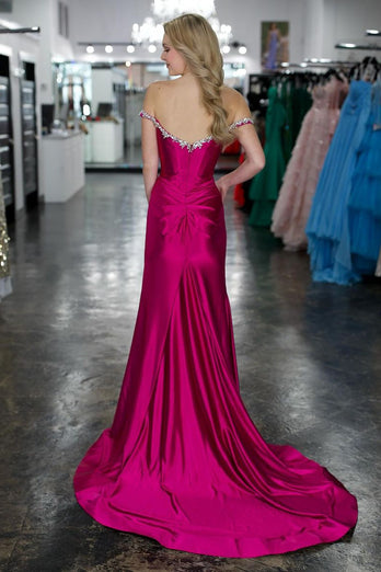Sparkly Silver Mermaid Off the Shoulder Beaded Satin Corset Long Prom Dress with Slit
