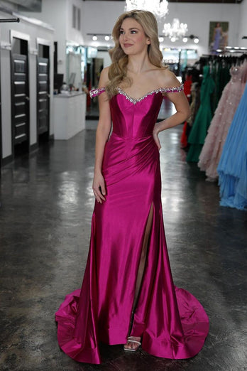 Sparkly Silver Mermaid Off the Shoulder Beaded Satin Corset Long Prom Dress with Slit