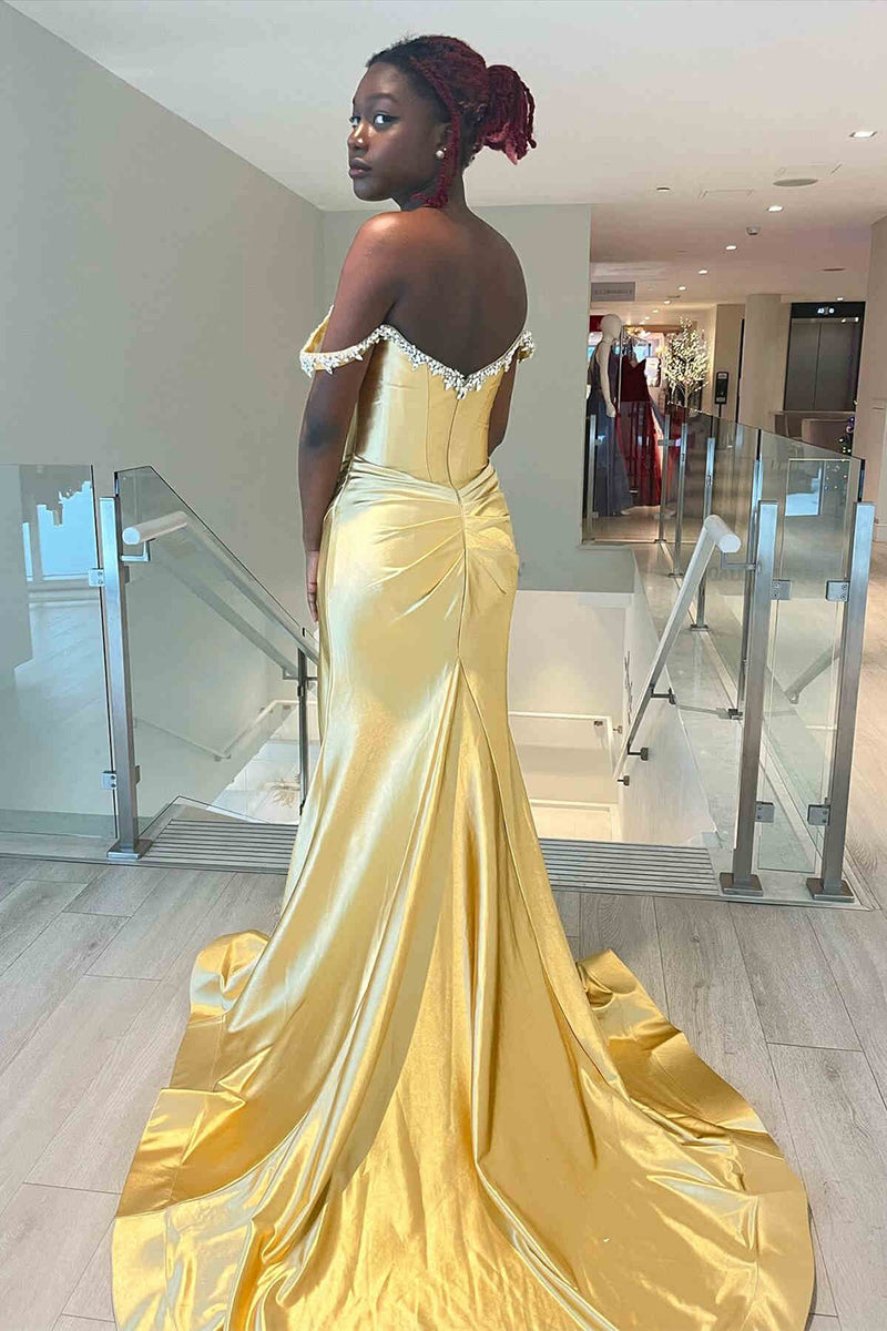 Load image into Gallery viewer, Sparkly Silver Mermaid Off the Shoulder Beaded Satin Corset Long Prom Dress with Slit