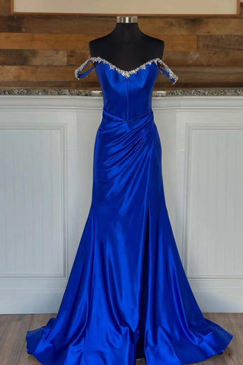 Sparkly Silver Mermaid Off the Shoulder Beaded Satin Corset Long Prom Dress with Slit