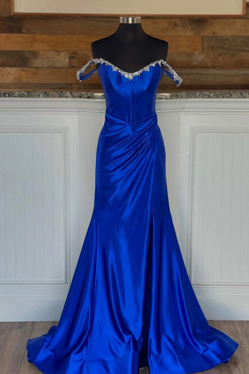Load image into Gallery viewer, Sparkly Silver Mermaid Off the Shoulder Beaded Satin Corset Long Prom Dress with Slit