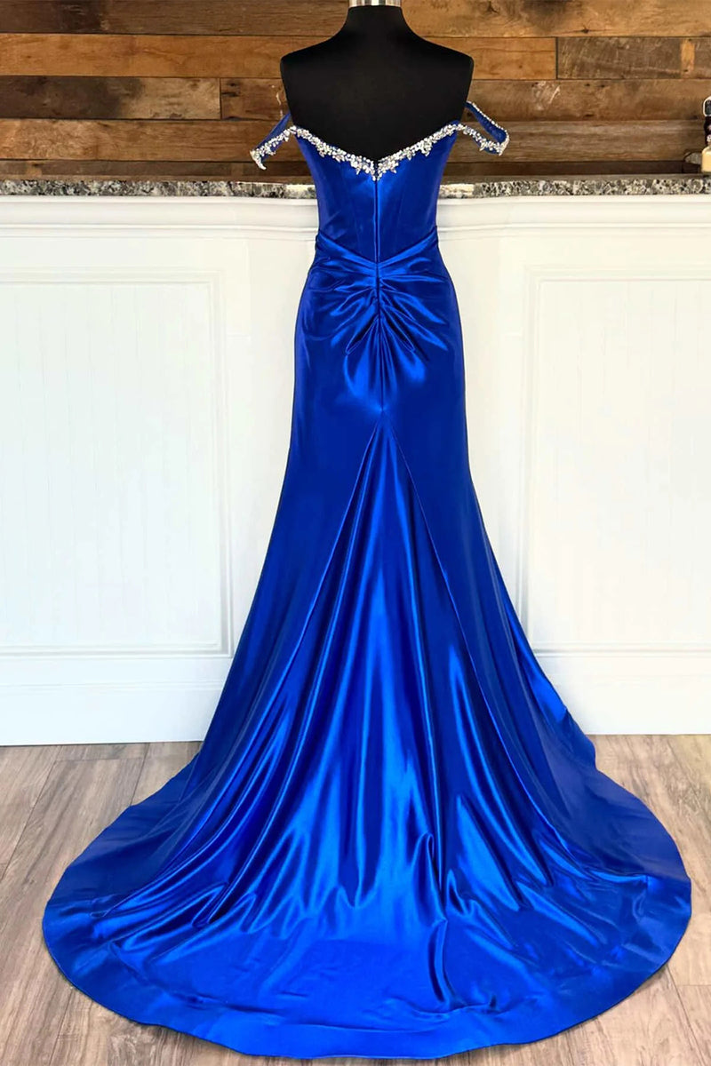 Load image into Gallery viewer, Sparkly Silver Mermaid Off the Shoulder Beaded Satin Corset Long Prom Dress with Slit