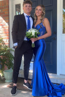 Load image into Gallery viewer, Sparkly Sage Mermaid Spaghetti Straps Satin Long Prom Dress with Appliques
