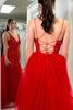 Load image into Gallery viewer, Sparkly Red Mermaid V Neck Tulle Long Prom Dress with Appliques