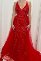 Load image into Gallery viewer, Sparkly Red Mermaid V Neck Tulle Long Prom Dress with Appliques