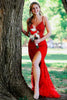 Load image into Gallery viewer, Sparkly Red Mermaid Spaghetti Straps Appliques Long Prom Dress with Slit