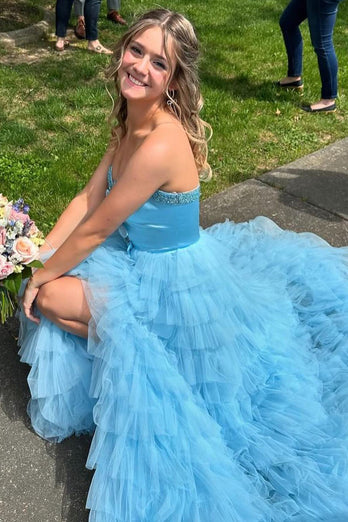 Sparkly Light Blue A-Line Strapless Beaded Ruffles Bows Long Prom Dress with Slit