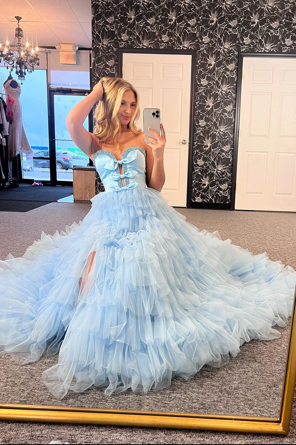 Sparkly Light Blue A-Line Strapless Beaded Ruffles Bows Long Prom Dress with Slit