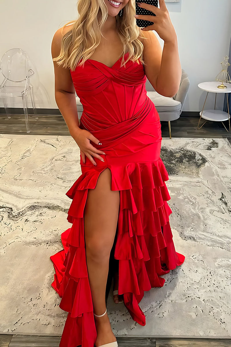 Load image into Gallery viewer, Royal Blue Mermaid Strapless Corset Tiered Long Prom Dress with Slit