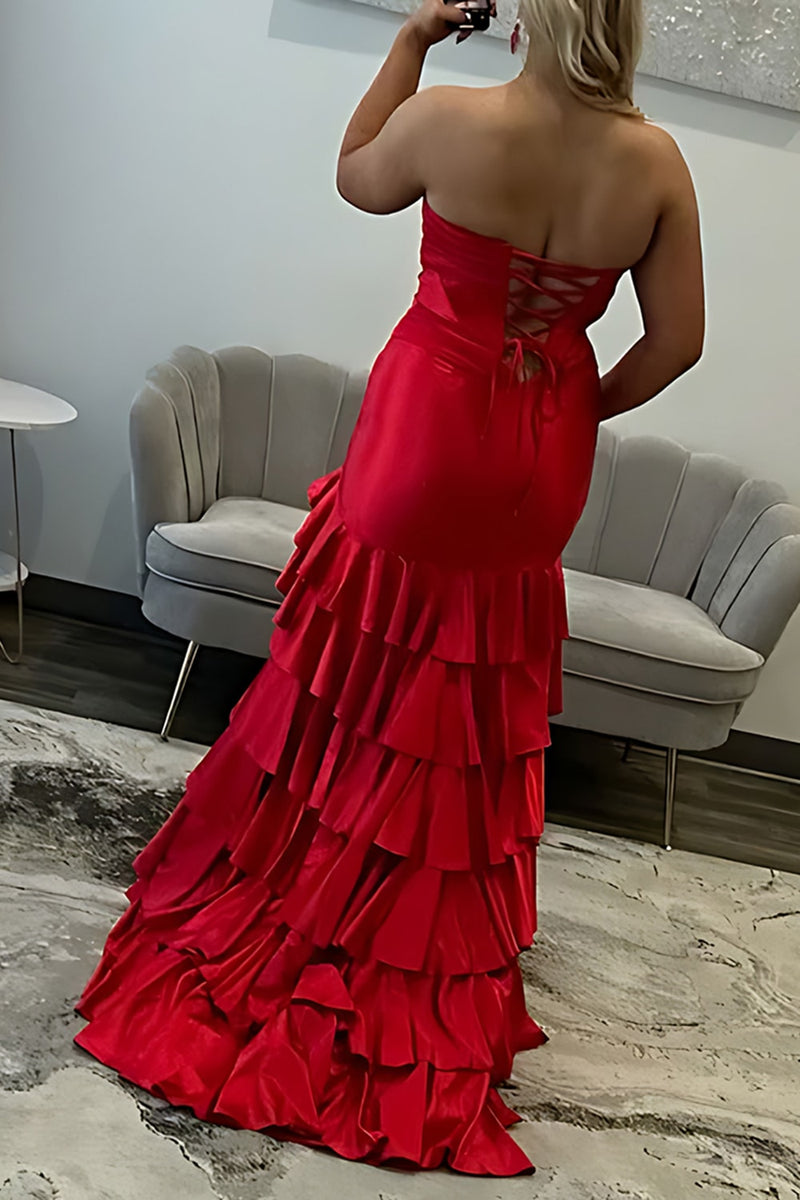 Load image into Gallery viewer, Royal Blue Mermaid Strapless Corset Tiered Long Prom Dress with Slit