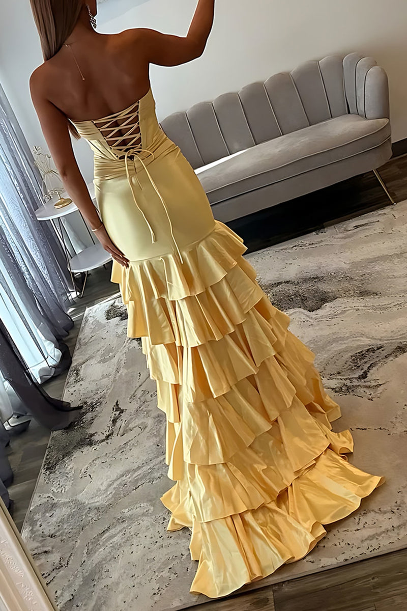 Load image into Gallery viewer, Royal Blue Mermaid Strapless Corset Tiered Long Prom Dress with Slit