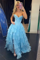 Load image into Gallery viewer, Strapless Orange A Line Tiered Corset Chiffon Maxi Prom Dress