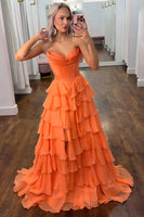 Load image into Gallery viewer, Strapless Orange A Line Tiered Corset Chiffon Maxi Prom Dress