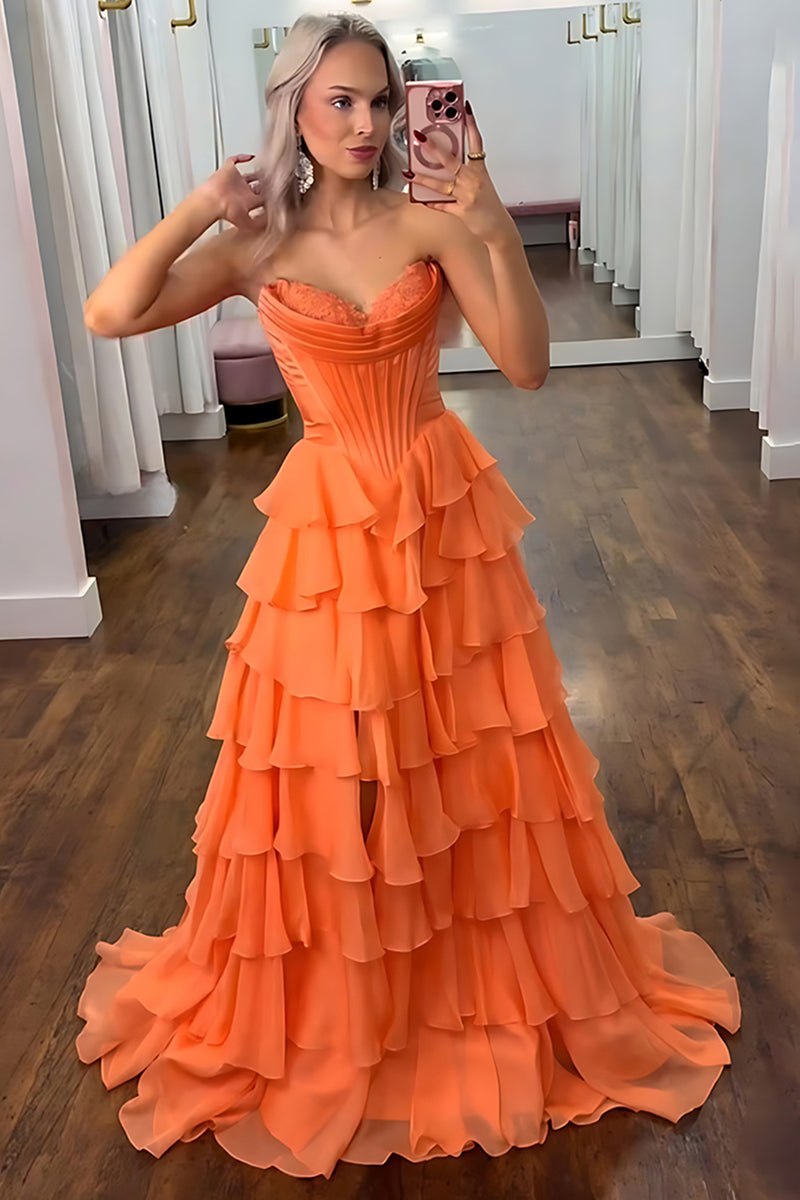 Load image into Gallery viewer, Strapless Orange A Line Tiered Corset Chiffon Maxi Prom Dress