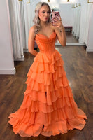 Load image into Gallery viewer, Strapless Orange A Line Tiered Corset Chiffon Maxi Prom Dress