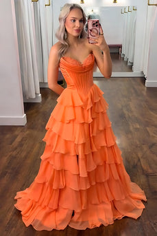 Strapless Orange A Line Tiered Corset Chiffon Maxi Prom Dress