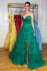 Load image into Gallery viewer, Blue A-Line Strapless Ruched Corset Tiered Long Prom Dress with Slit