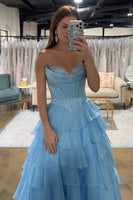 Load image into Gallery viewer, Strapless A Line Blue Tiered Corset Chiffon Maxi Prom Dress