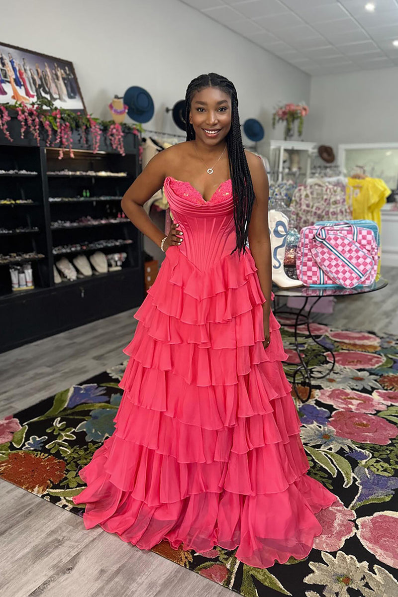 Load image into Gallery viewer, Strapless A Line Blue Tiered Corset Chiffon Maxi Prom Dress