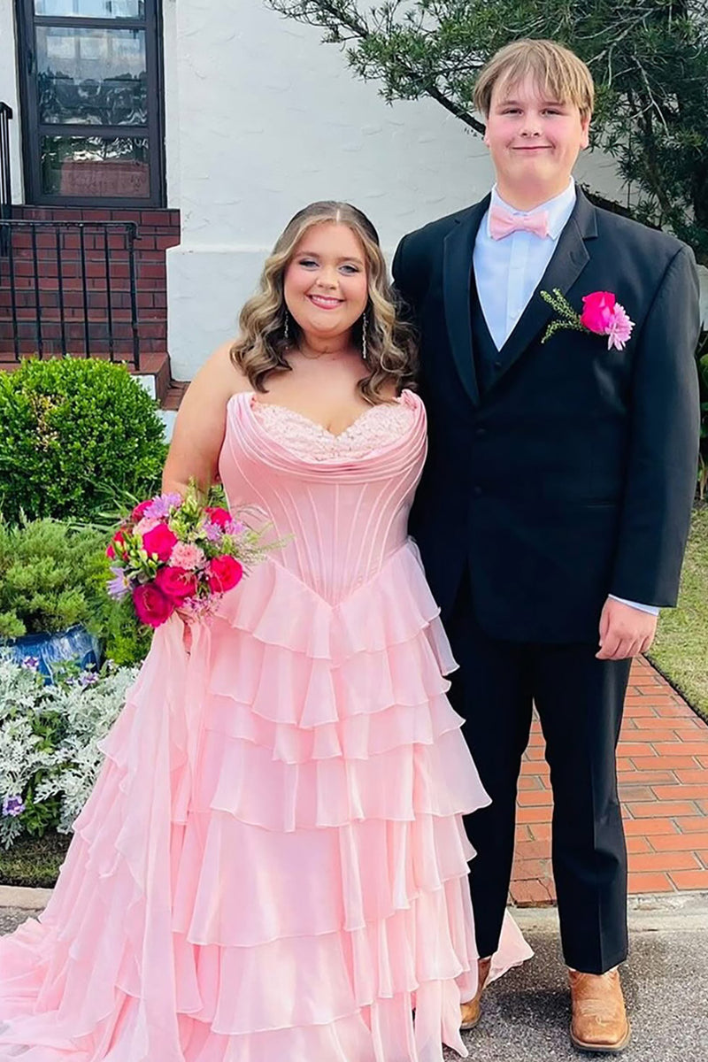 Load image into Gallery viewer, Strapless A Line Blue Tiered Corset Chiffon Maxi Prom Dress