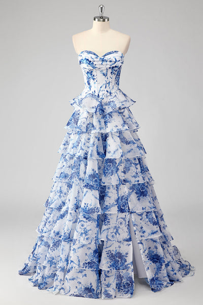 White Blue Flower Tiered Corset Sweetheart Maxi Chiffon Prom Dress
