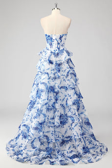White Blue Flower Tiered Corset Sweetheart Maxi Chiffon Prom Dress