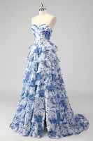 Load image into Gallery viewer, White Blue Flower Tiered Corset Sweetheart Maxi Chiffon Prom Dress