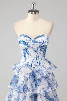 Load image into Gallery viewer, White Blue Flower Tiered Corset Sweetheart Maxi Chiffon Prom Dress