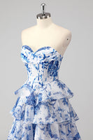 Load image into Gallery viewer, White Blue Flower Tiered Corset Sweetheart Maxi Chiffon Prom Dress