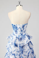 Load image into Gallery viewer, White Blue Flower Tiered Corset Sweetheart Maxi Chiffon Prom Dress