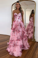 Load image into Gallery viewer, Floral Blush A-Line Strapless Corset Tiered Long Chiffon Prom Dress with Slit